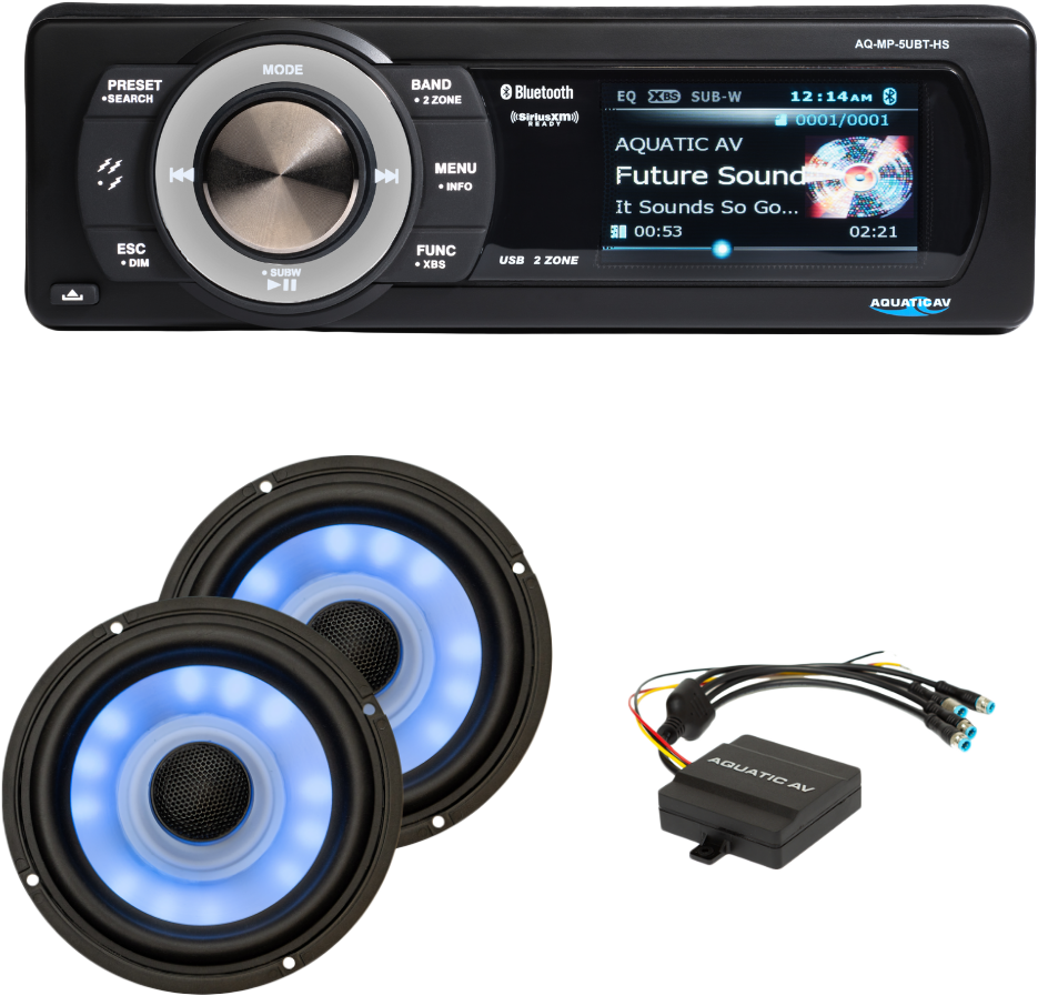 Aquatic AV Ultra RGB and Stereo Plus Kit for boats, includes audio, visual, and communication components, compatible with 1998-2013 Flht models.