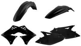 Acerbis black plastic kit with various molded plastic parts for motorcycle or dirt bike, featuring sleek black finish and detailed components.