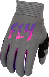 Fly Racing Youth F-16 gloves in grey, pink, and purple with padded palms and adjustable wrist straps for motocross riding.