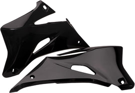 Black Acerbis radiator shrouds for motocross bikes, featuring sleek design and durable plastic construction.