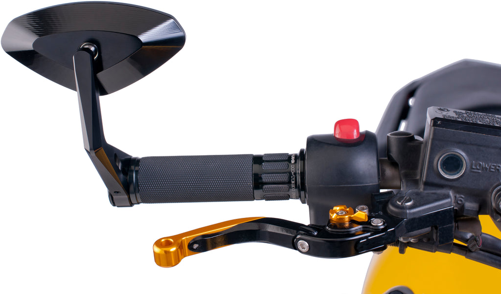 PUIG Hi-Tech black bar-end mirror for motorcycle, shown from the left side, with sleek aerodynamic design.