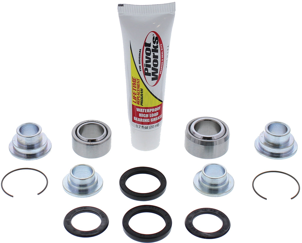 Pivot Works Shock Bearing Kit for KTM suspension, featuring multiple bearing components and seals in a detailed close-up.