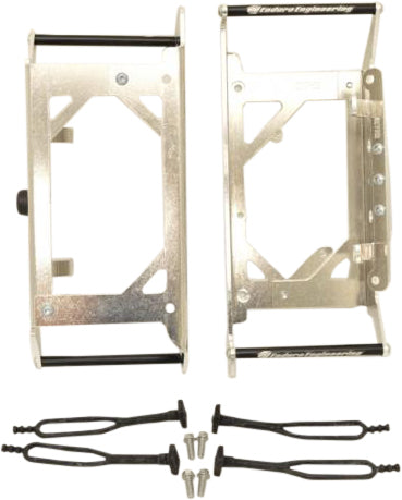Enduro Engineering radiator braces for KTM and Husqvarna motorcycles, providing protection with sturdy metal guards and mounting hardware.