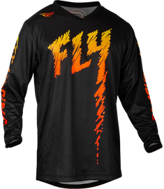 Fly Racing Youth F-16 motocross jersey in black, yellow, and orange, shown in a close-up image highlighting vibrant colors and fabric details.