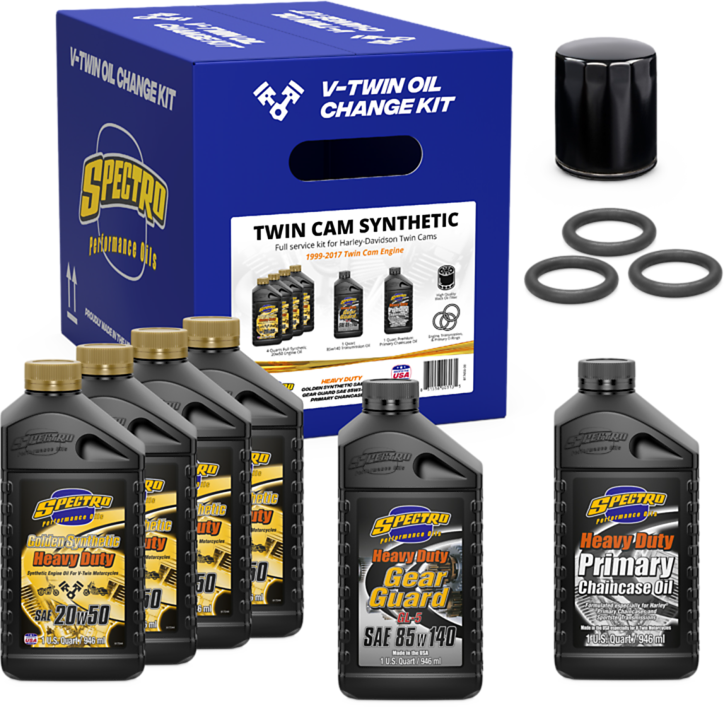 Spectro V-Twin full oil service kit with TC synthetic oil, including filters and accessories for motorcycle engine maintenance.
