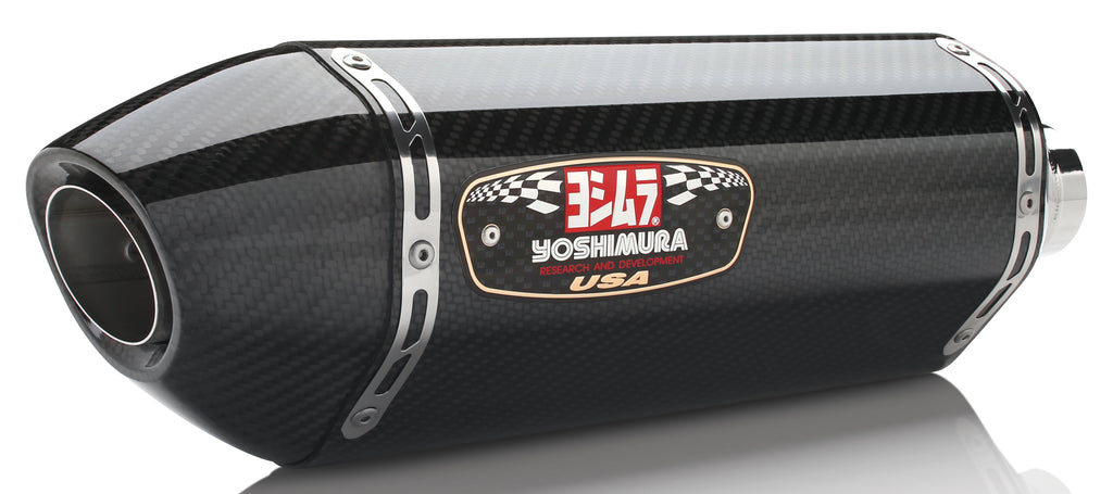 Yoshimura Race R-77 slip-on exhaust with stainless steel and carbon fiber finish on a motorcycle.