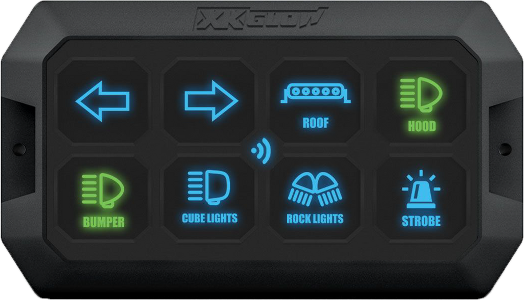 XK Glow XKcommand switch panel with illumination, featuring multiple toggle switches and indicator lights for vehicle lighting control.