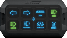 Load image into Gallery viewer, XK Glow XKcommand switch panel with illumination, featuring multiple toggle switches and indicator lights for vehicle lighting control.