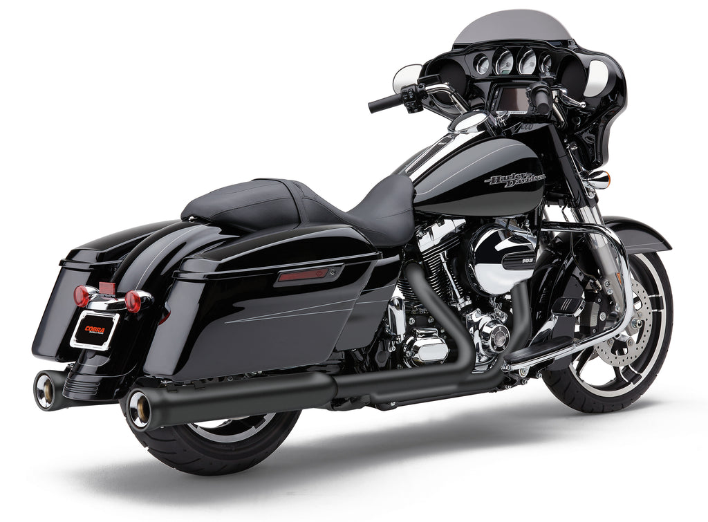 Cobra 4-inch black slip-on exhaust for Harley FLH and FLT models, fits 2017-2025 motorcycles, with sleek chrome finish