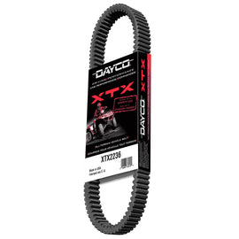 Dayco Xtx ATV belt 220-32270 showing the black rubber belt with metal reinforcements, designed for ATV engines and power transmission.