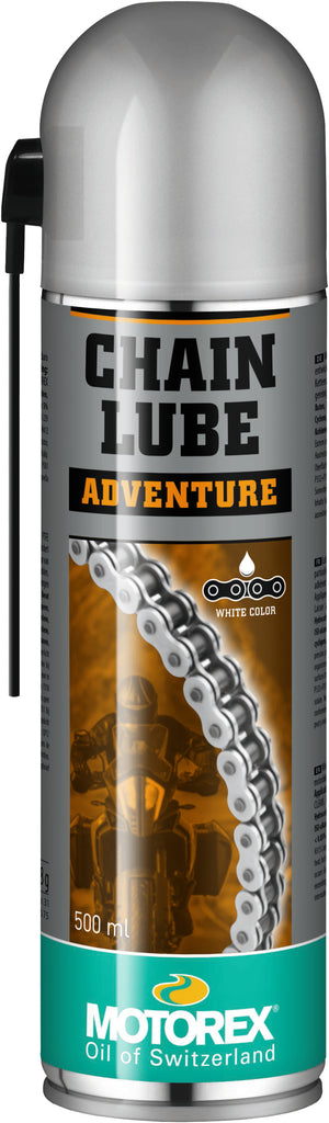 Motorex Chain Lube Adventure 500ml bottle for motorcycle chains, showing the blue lubricant container in the image.