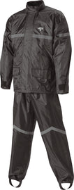 Nelson-Rigg Stormrider rain suit in black, featuring waterproof material and adjustable hood, designed for outdoor protection.