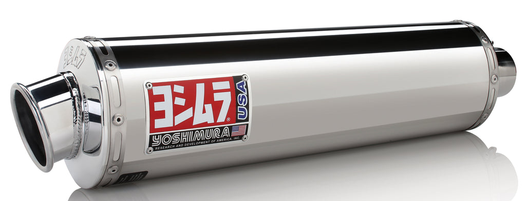 Yoshimura Street RS-3 bolt-on stainless steel dual exhaust for motorcycles, showing the sleek exhaust pipes and branding.