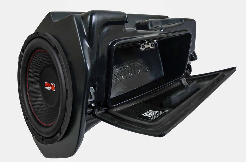 SSV Works WP Series Plug-N-Play Sub for audio systems, featuring compact design and connection ports for enhanced sound quality.