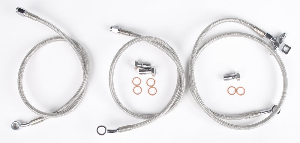 Streamline brake line set with three front lines and two Yamaha standard lines for motorcycle braking system.