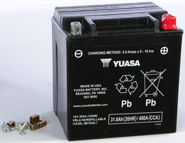 Yuasa Yix30L sealed factory-activated battery showing terminals and label with brand and specifications.