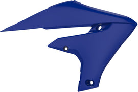 Polisport Plastics blue radiator shroud body for dirt bikes, showing the detailed design and mounting points in a close-up image.
