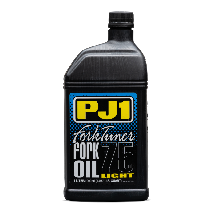 PJ1 Products Fork Tuner Oil 7.5W liter bottle, motorcycle suspension oil, clear container with label showing product details.