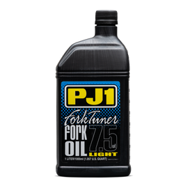 PJ1 Products Fork Tuner Oil 7.5W liter bottle, motorcycle suspension oil, clear container with label showing product details.