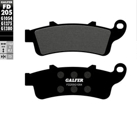 GALFER semi-metallic brake pads FD205G1054 for bikes, shown in packaging with brake pad components and branding.