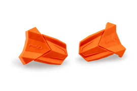 Pair of orange PUIG rubber end replacement frame sliders for R19 motorcycle, showing the textured rubber and mounting brackets.
