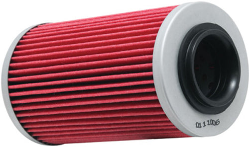 K&N Oil Filter 56-0564 showing a close-up of the cylindrical filter with black rubber seals and metal body for automotive oil filtration.