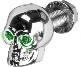 HardDrive lighted skull license plate screw with green LED, decorative automotive accessory for vehicle customization.