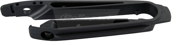 Polisport Plastics black drive chain slider 64-0303 for motorcycle, showing the durable plastic component with mounting features.