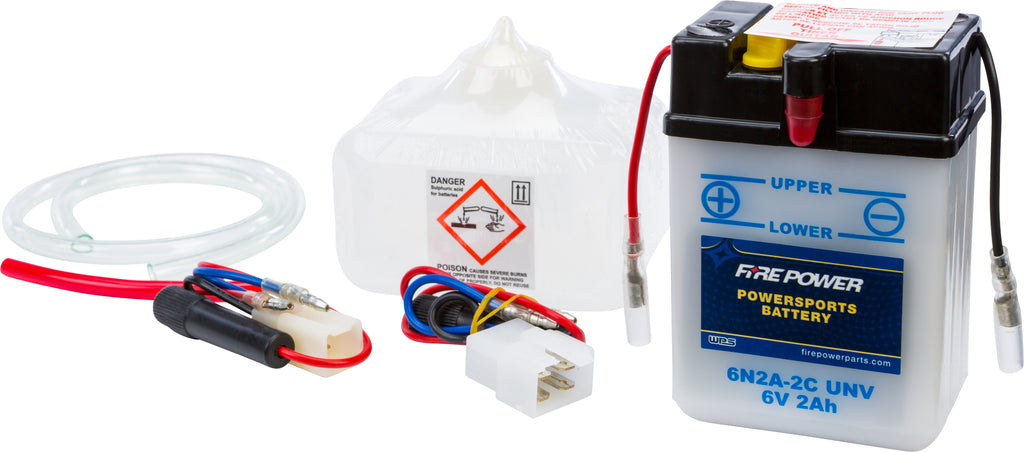 Fire Power 6V battery with acid, model 6N2A-2C, designed for reliable power and long-lasting performance.