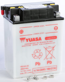 Yuasa YB14A-A2 conventional car battery showing terminals and top view, designed for reliable automotive starting power.