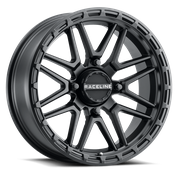 Raceline Krank XL 20x7 black wheel for Can-Am Maverick with 4/137 bolt pattern and 3.5+3.5 offset, matte finish.