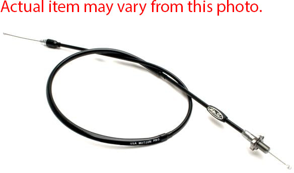 Motion Pro ATV twist throttle cable for replacement, showing the black cable with metal fittings and flexible design.