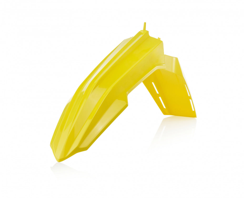 Yellow Acerbis front fender for motorcycle, featuring durable plastic construction and mounting points, designed for off-road use.