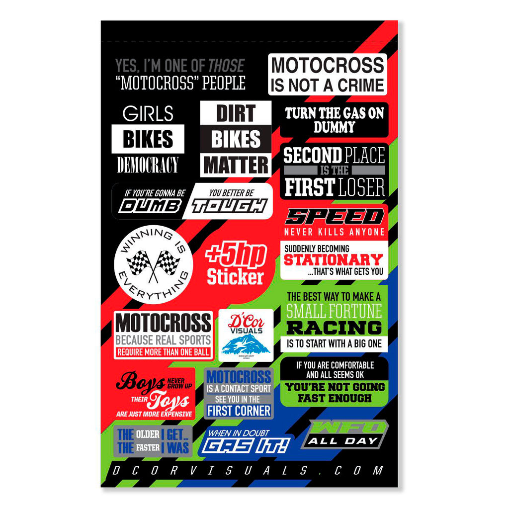 DCOR Moto Talk 2 decal sheet with graphic designs, 4 mil thickness, featuring various motorcycle-themed decals for customization.