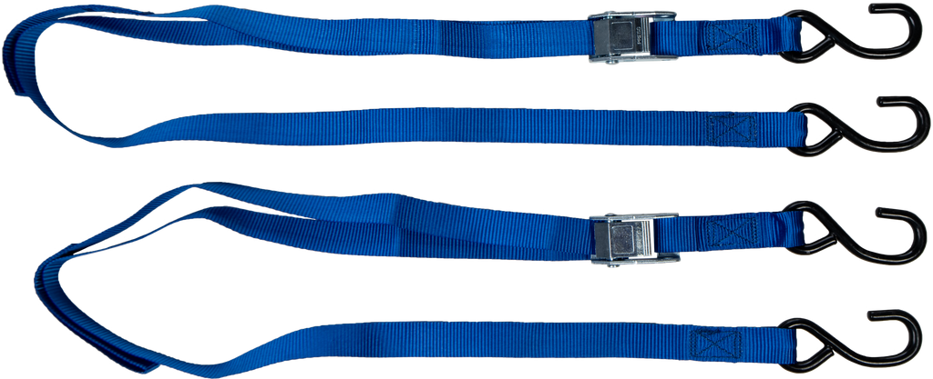 Blue Fire Power 1" x 6' tie-down straps, two-pack, for securing cargo with durable webbing and metal hooks.