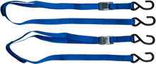 Load image into Gallery viewer, Blue Fire Power 1" x 6' tie-down straps, two-pack, for securing cargo with durable webbing and metal hooks.