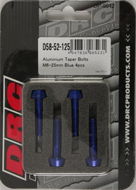 DRC blue aluminum taper bolts M6x25mm, set of 4, with threaded design for lightweight, durable fastening.