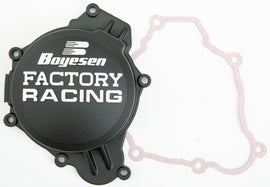 Boyesen Factory Racing Ignition Cover in black, designed for motorcycle engine protection and style.