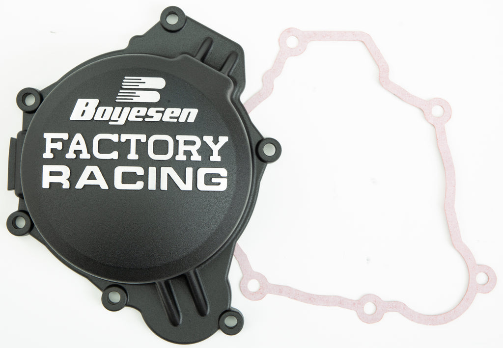 Boyesen Factory Racing Ignition Cover in black for motorcycles, featuring a sleek design and precise fit.
