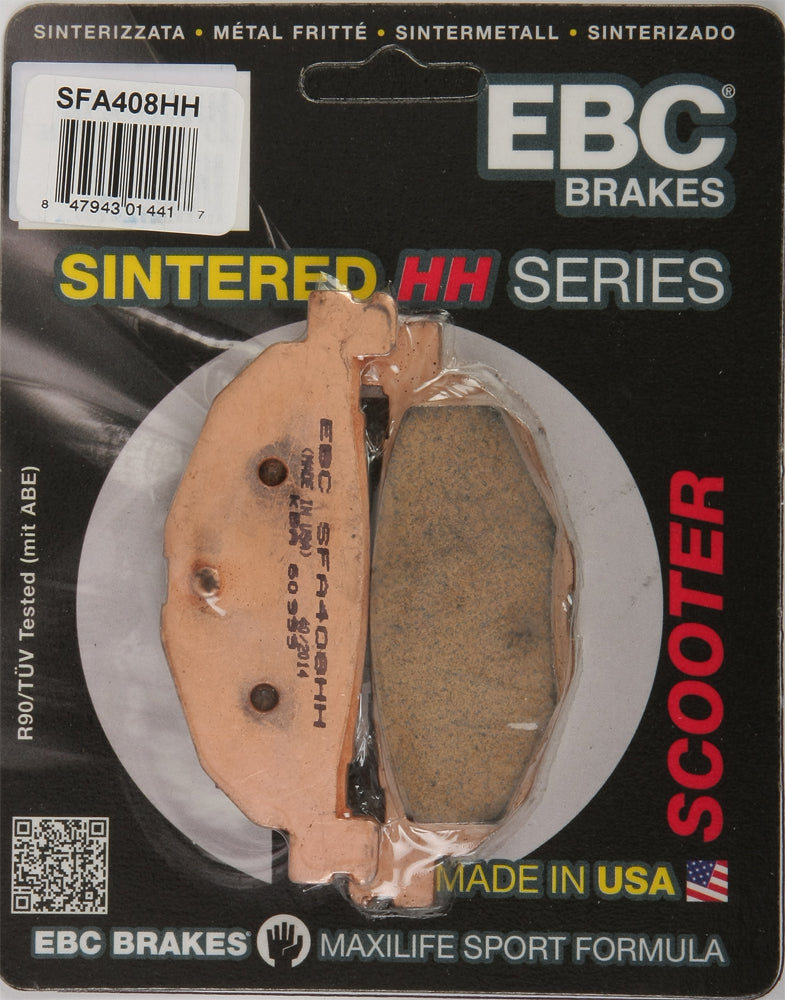 EBC Motorcycle Brakes Sfa408hh double-H sintered brake pads showing metal backing and friction surface for motorcycle braking system
