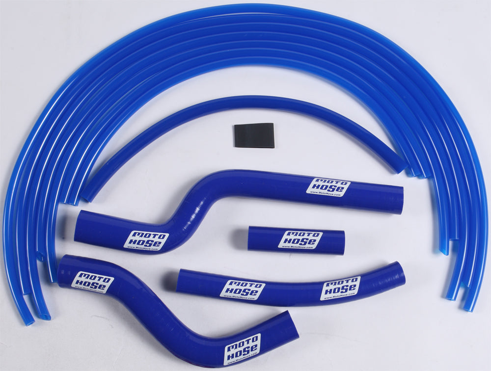 Blue Moto Hose silicone engine hose kit with multiple flexible hoses and connectors, designed for automotive engine applications.