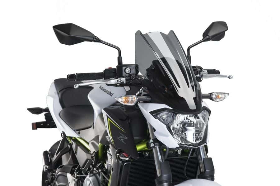 PUIG Naked New Gen Touring dark smoke motorcycle windscreen, transparent with aerodynamic design for Kawasaki bike.