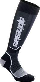 Alpine Star MX Plus Socks in black and white, size large, featuring cushioned design and reinforced areas for motocross riding.