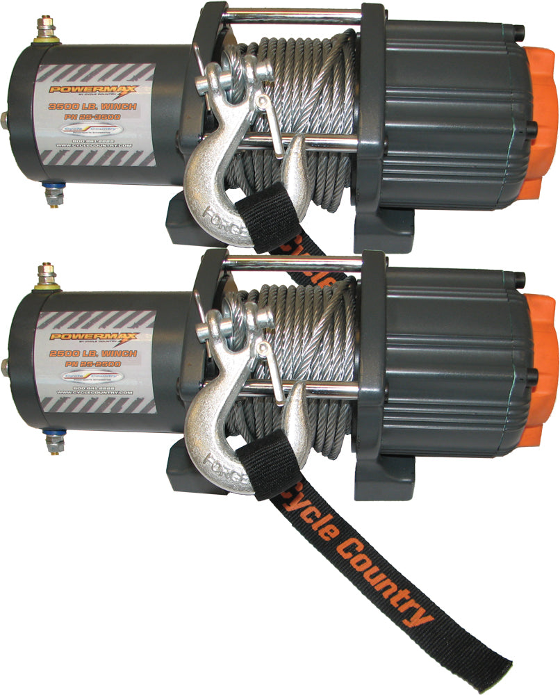 Cycle Country Powermax 2500lb winch with steel cable and mounting plate, designed for off-road and utility vehicle recovery.