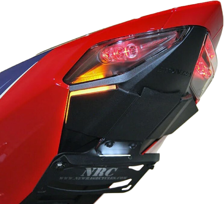New Rage Cycles Fender Eliminator tucked body kit for motorcycle, showcasing sleek design and mounting hardware.