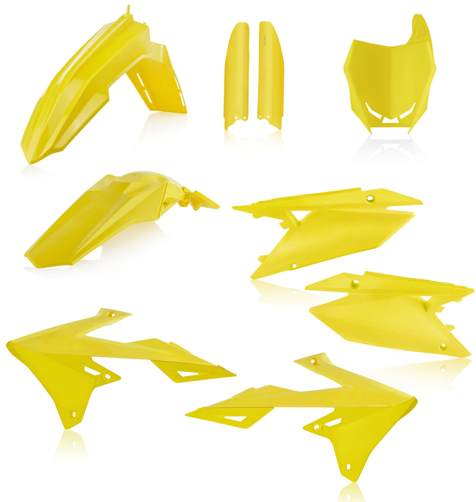 Acerbis yellow full plastic kit for motorcycle, showing assembled durable plastic panels with brand logo on the bright yellow material.