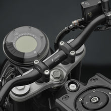 Load image into Gallery viewer, RIZOMA black tapered handlebar with diameter 22-29mm, 55mm height, and 740mm width, designed for motorcycles.