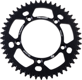 Fire Power aluminum rear sprocket, 48-tooth, black, for motorcycle, with gear teeth and mounting hole visible in image.