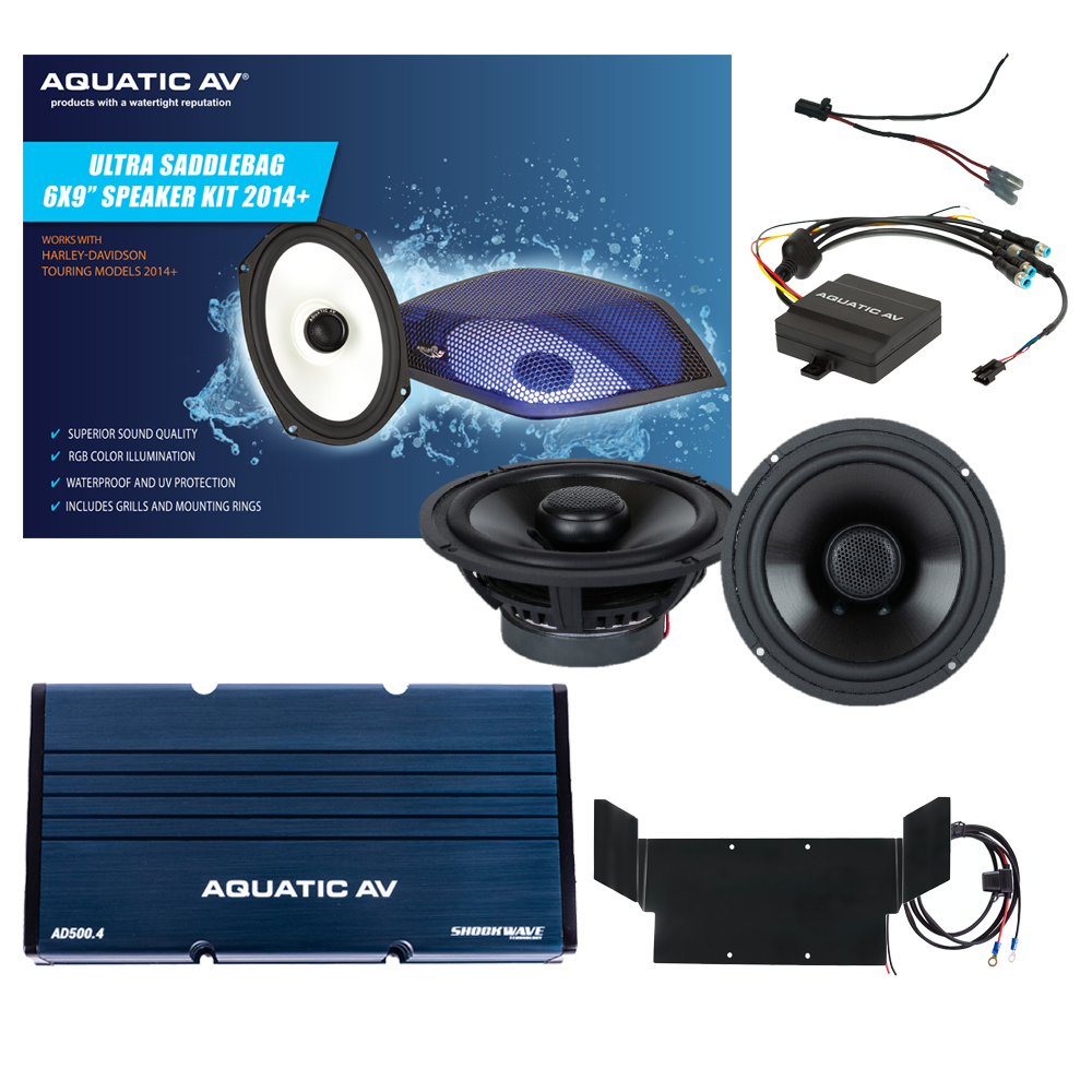 Aquatic AV Ultra Speaker Kit for Harley FLHT models 1998-2013, with marine-grade audio components and wiring setup.