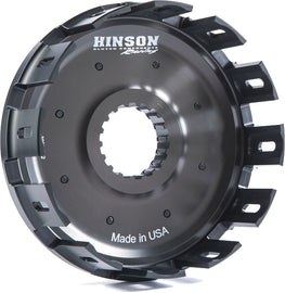 Hinson Billetproof clutch basket with cushions for motorcycle clutch system, precision-machined metal components.